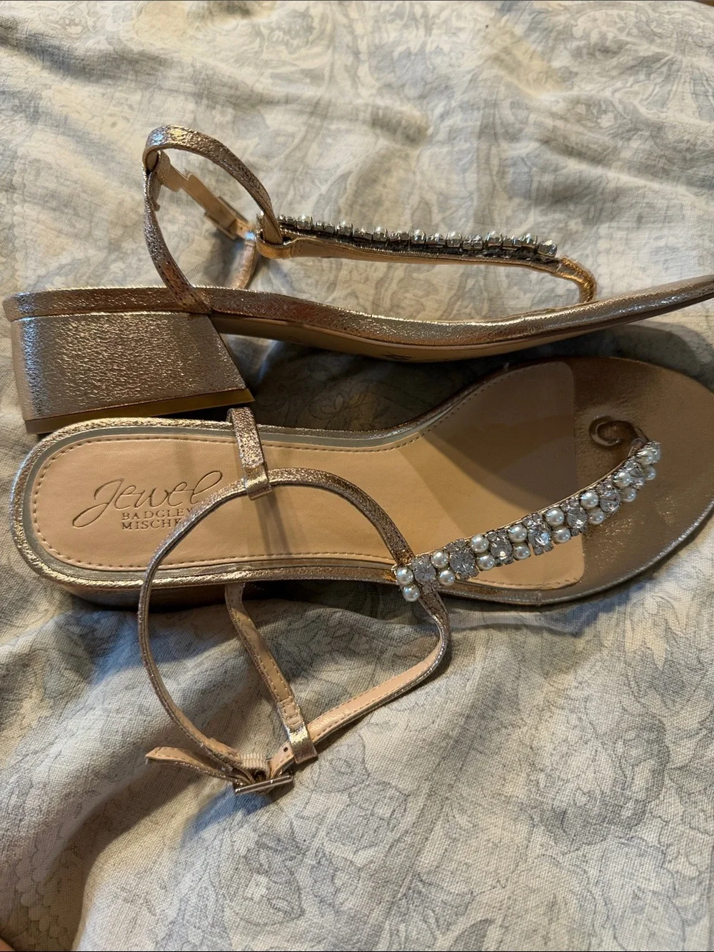 Badgley Mischka Rose Gold Jeweled T-Strap Sandals